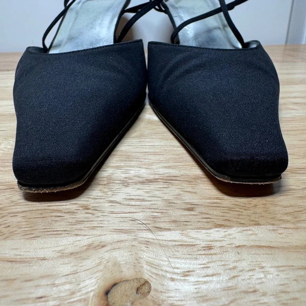 Stuart Weitzman Black Satin Pointed Toe Kitten Heels Rhinestone Straps Womens 8M